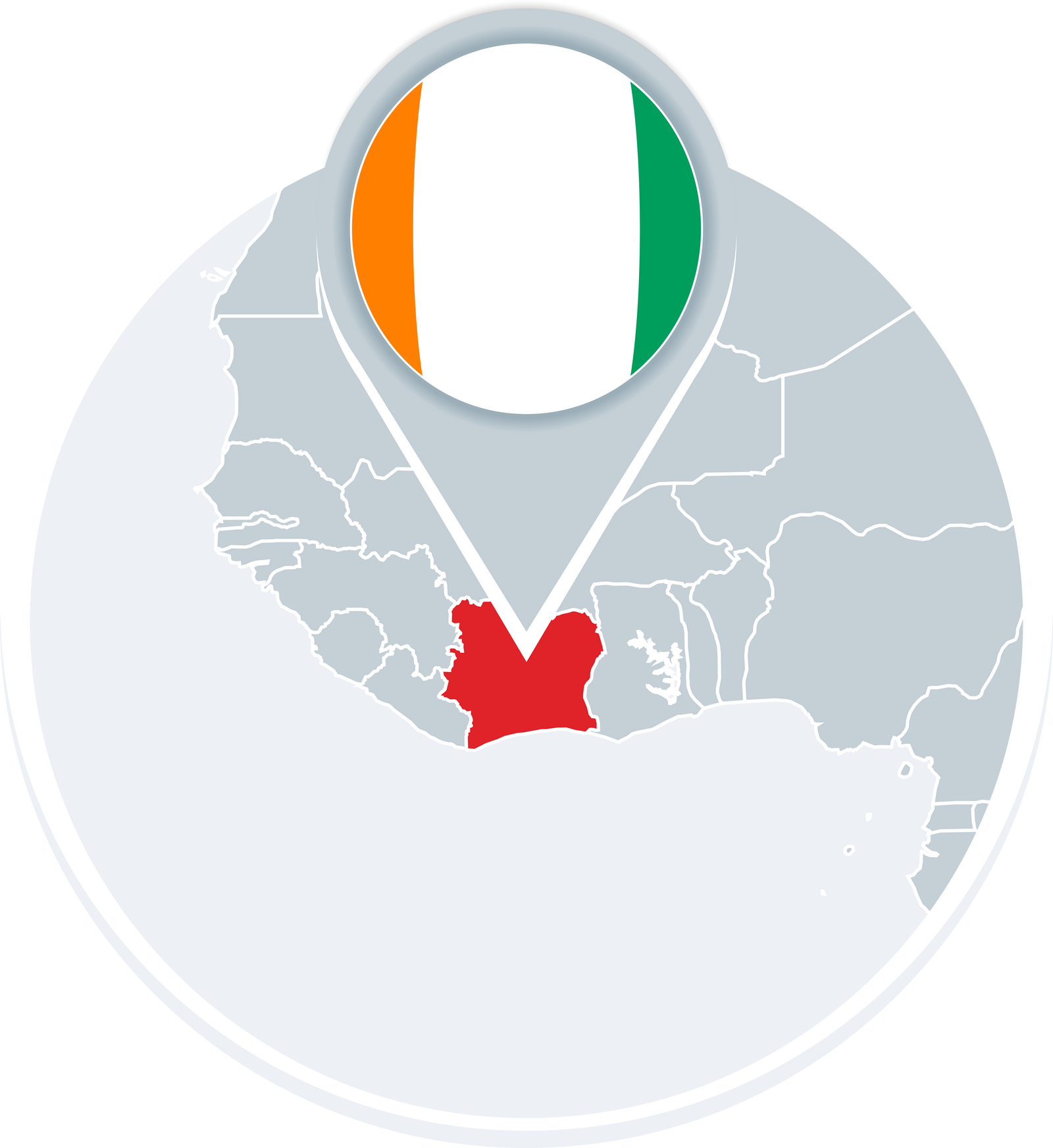 Ivory Coast map and flag, map icon with highlighted Ivory Coast